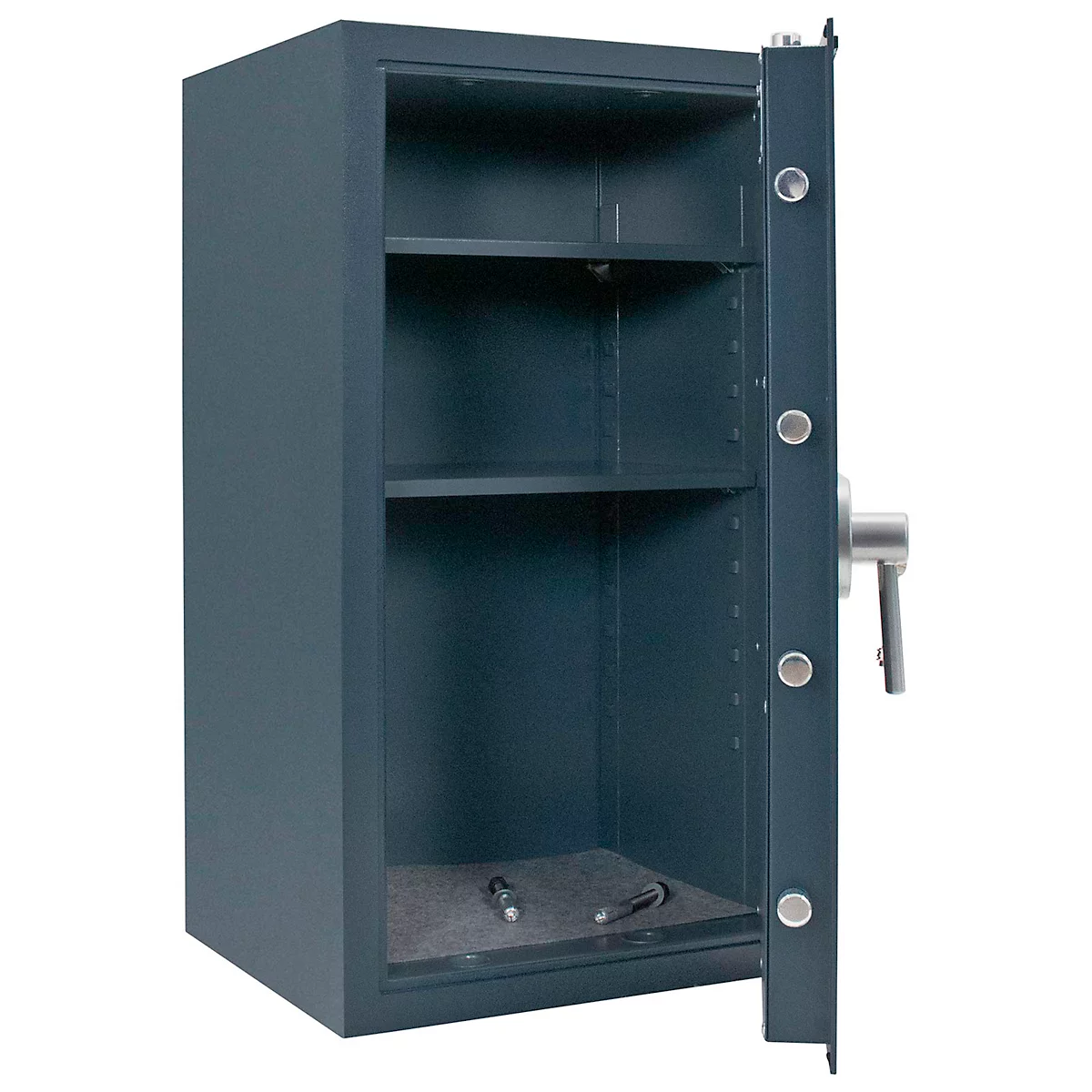 Coffre-fort bleu foncé ouvert avec trois étagères. La porte est ouverte à droite et le coffre-fort est placé sur un fond blanc.