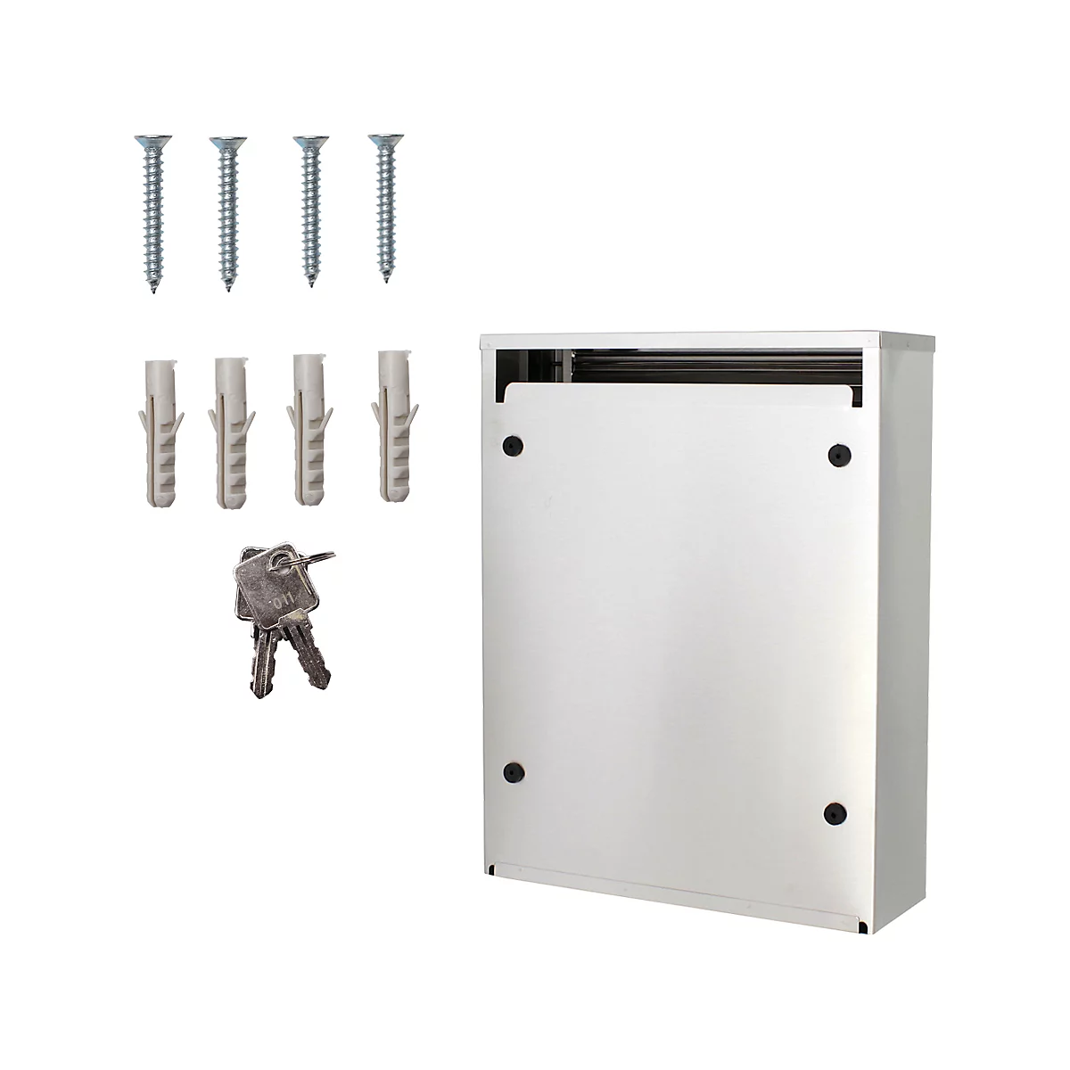 Un coffret métallique blanc avec vis, chevilles et clés.