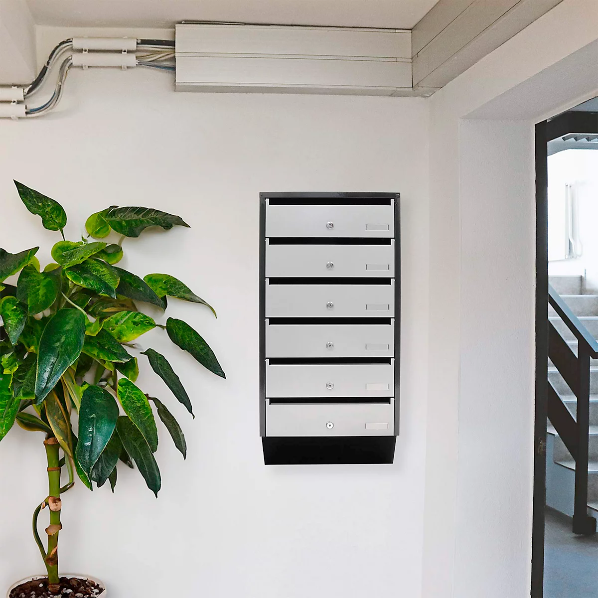 Une boîte aux lettres moderne, montée sur un mur blanc. Une plante verte à gauche, un cadre de porte ouvert avec des escaliers à droite.