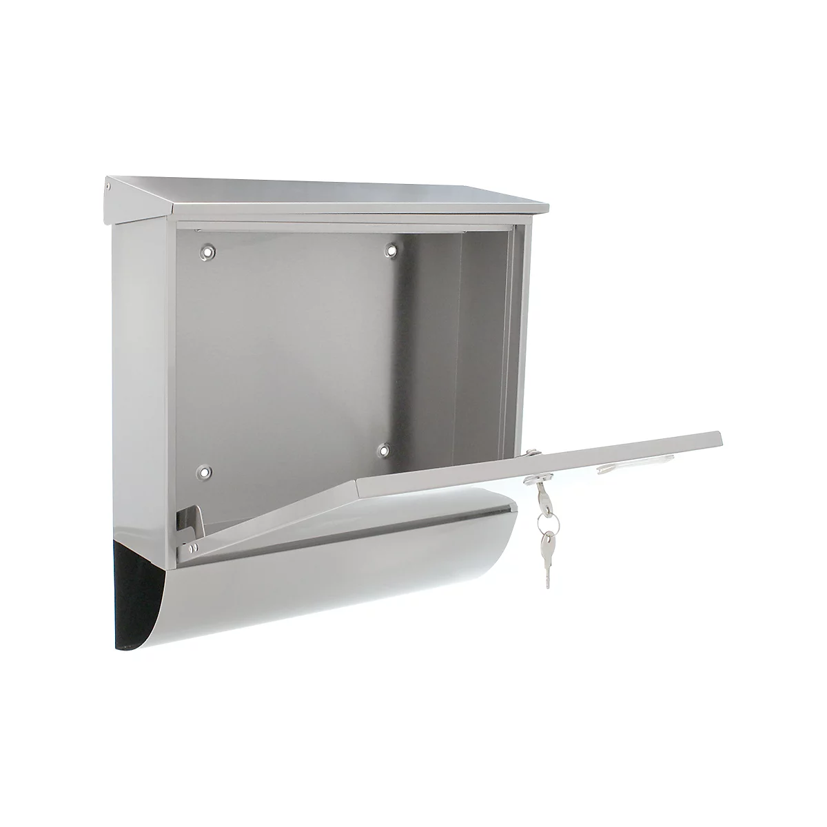 Rottner Boîte aux lettres Expo Inox, montage mural, porte-nom, rouleau de courrier, serrure à cylindre, 2 clés incluses, acier inoxydable, L 385 x P 120 x H 410 mm