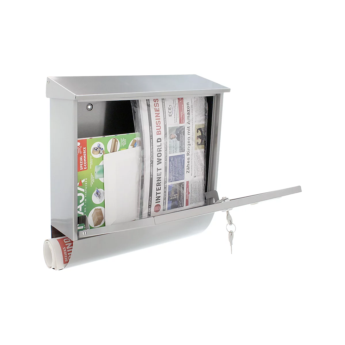 Rottner Boîte aux lettres Expo Inox, montage mural, porte-nom, rouleau de courrier, serrure à cylindre, 2 clés incluses, acier inoxydable, L 385 x P 120 x H 410 mm