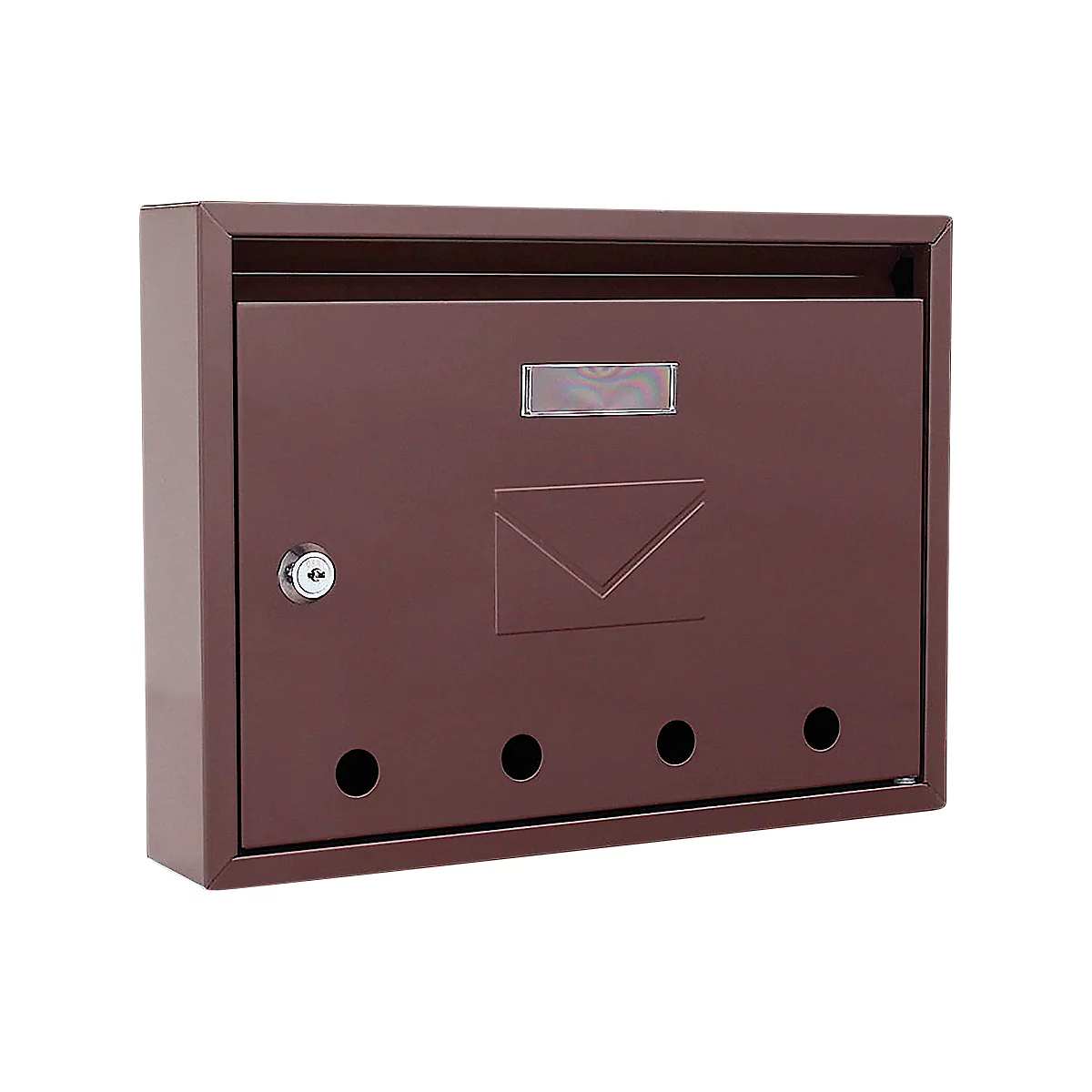 Boîte aux lettres marron foncé avec trou de serrure et trois ouvertures en bas.