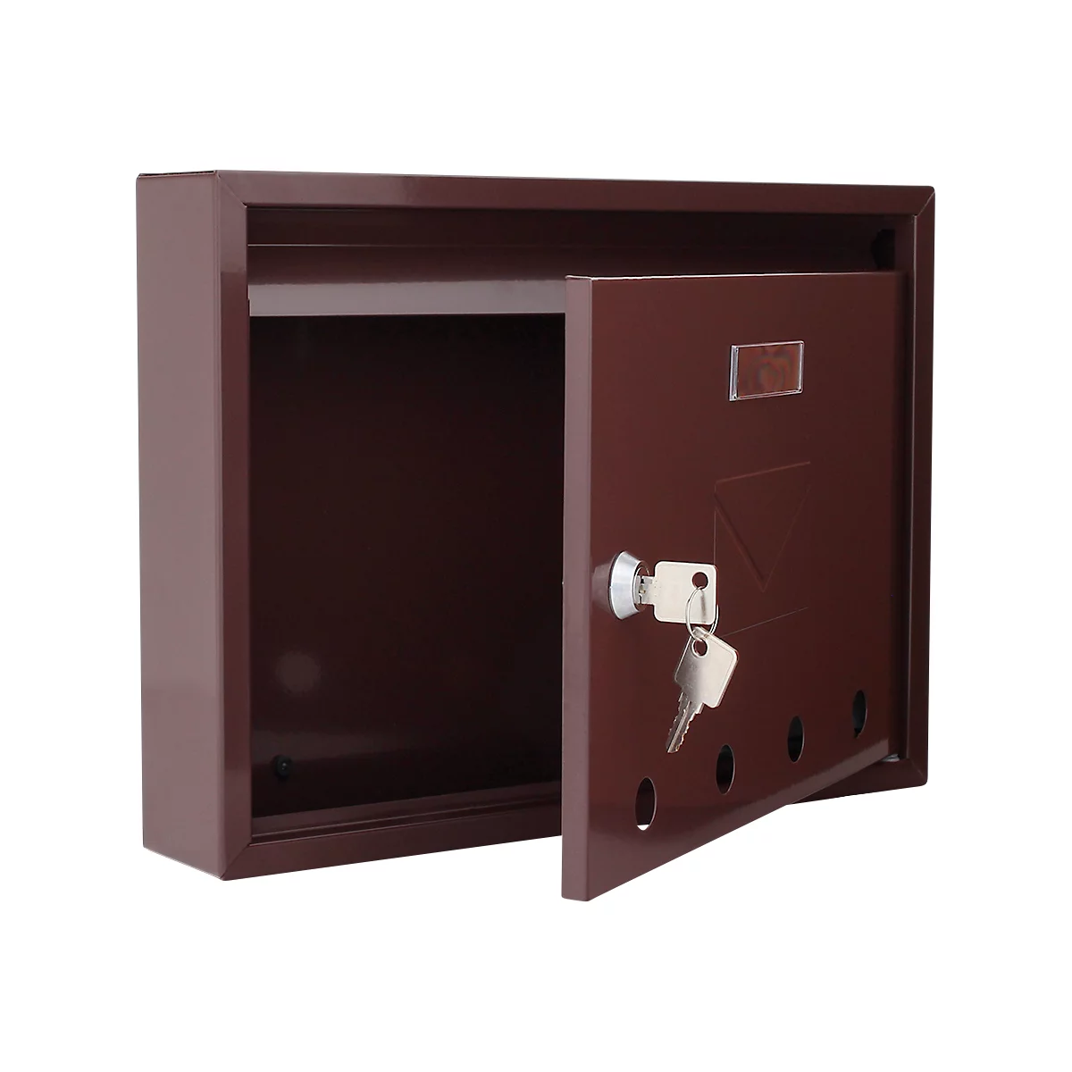 Boîte aux lettres marron avec porte ouverte et clés.