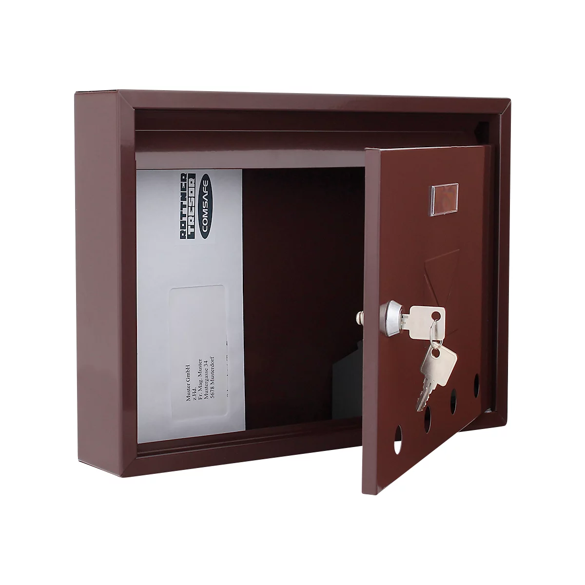 Boîte aux lettres bordeaux avec porte ouverte et clés, lettres à l'intérieur.