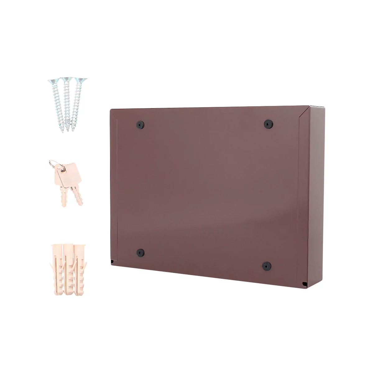 Boîte en métal marron avec quatre vis noires. A côté, vis, chevilles et deux clés.