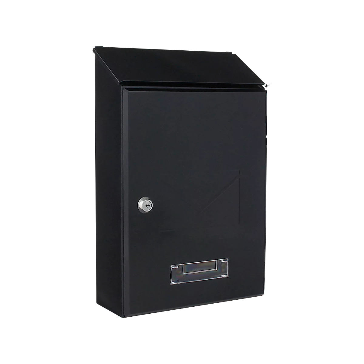 Boîte aux lettres noire avec rabat et une clé fixant la serrure.
