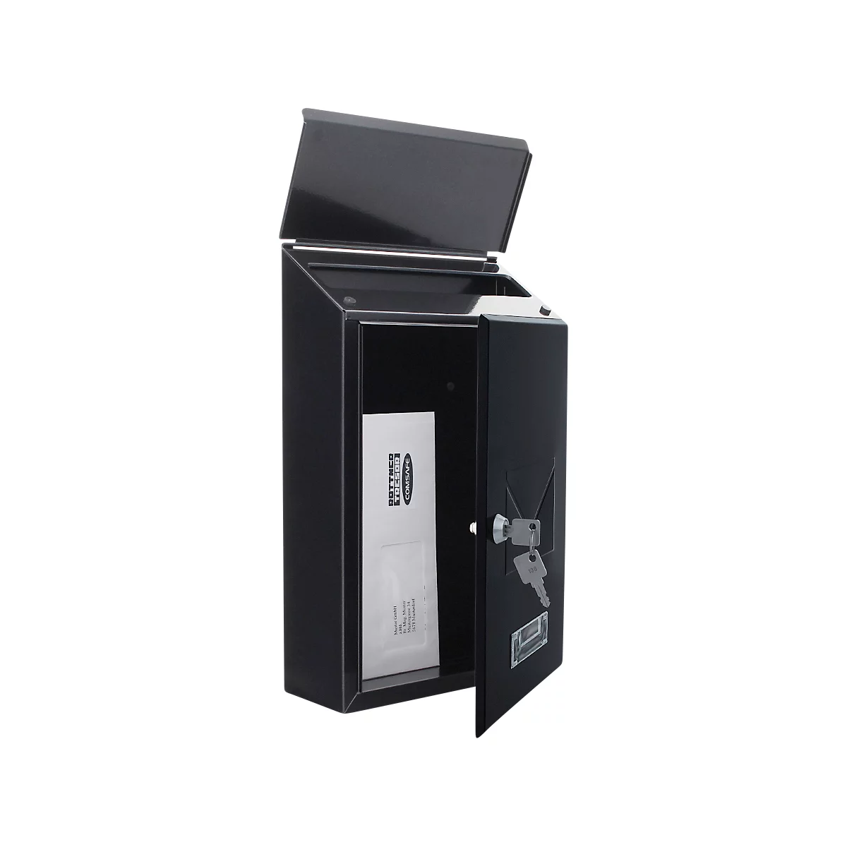 Boîte aux lettres noire avec porte ouverte, avec une brochure à l'intérieur. Clés accrochées à la serrure de la porte.