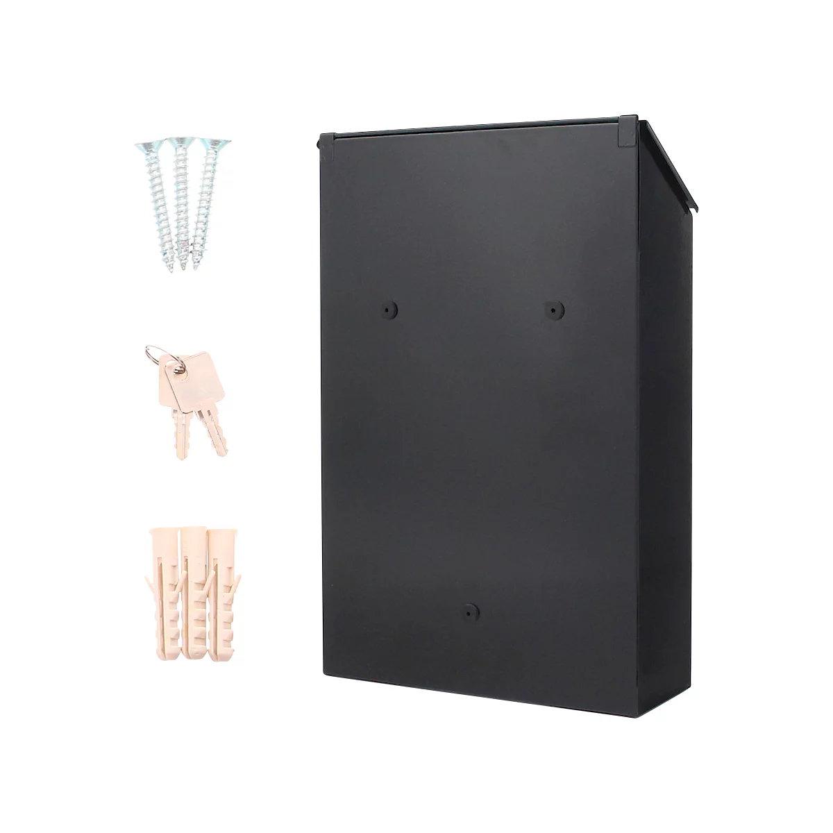 Boîte aux lettres noire avec accessoires : vis, chevilles et clés.