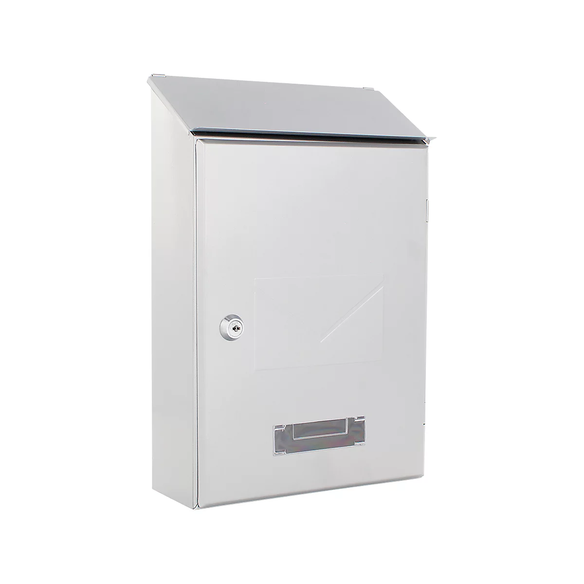 Boîte aux lettres grise avec rabat et fente pour le courrier. Un contour de lettre suggéré est visible sur le devant.