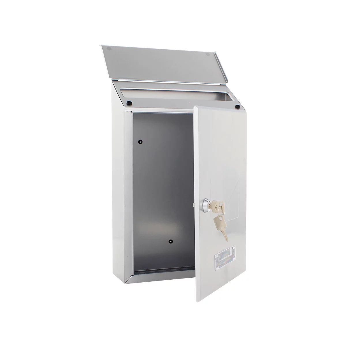 Boîte aux lettres argentée avec porte ouverte et clés insérées dans la serrure.