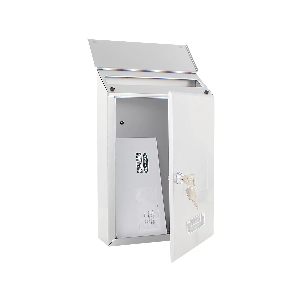 Boîte aux lettres blanche, porte ouverte, clé dans la serrure, enveloppe à l'intérieur.