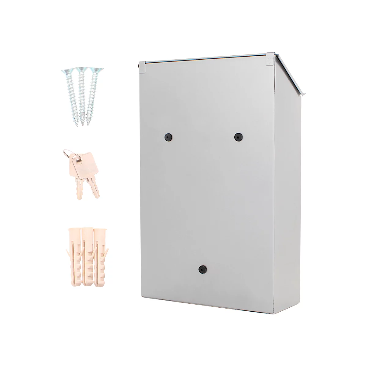 Boîte aux lettres grise avec toit, vis, clés et chevilles.