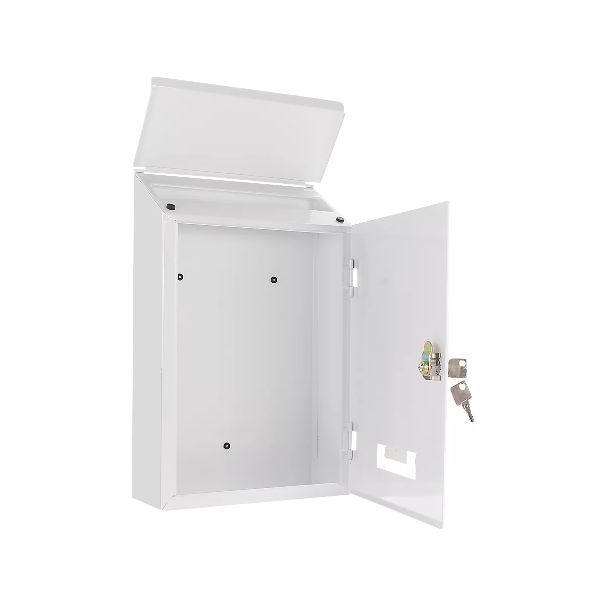 Boîte aux lettres blanche, ouverte, avec clé et couvercle. La porte a une fenêtre de visualisation.