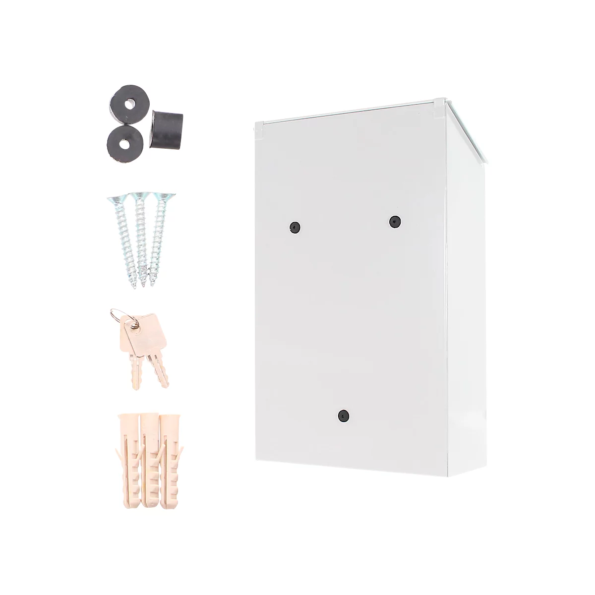 Boîte aux lettres blanche avec accessoires, dont vis, chevilles et clés.