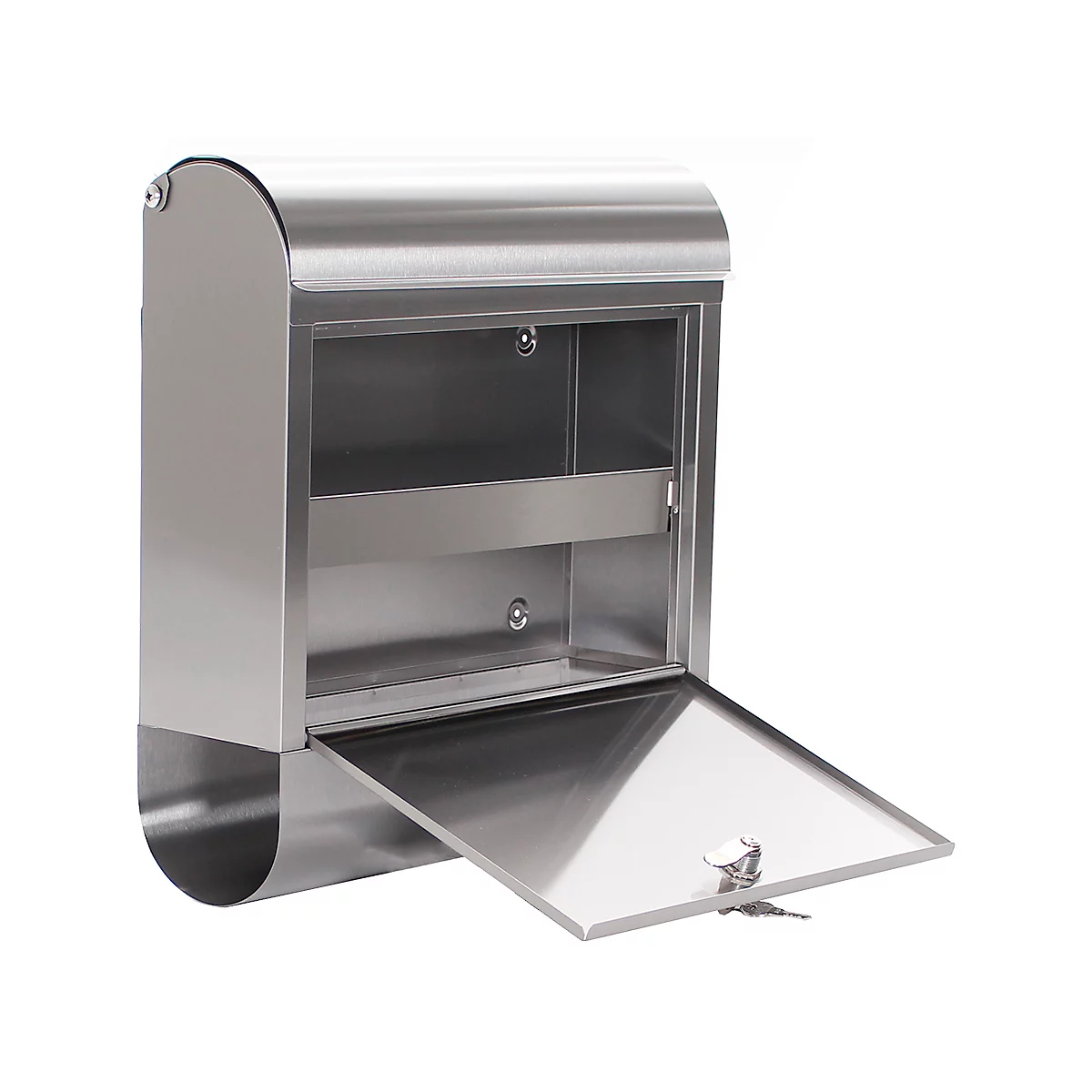 Rottner Boîte aux lettres Rondello, montage mural, ronde, rouleau de courrier/barre de support, serrure à cylindre, 2 clés, inox, L 385 x P 140 x H 435 mm