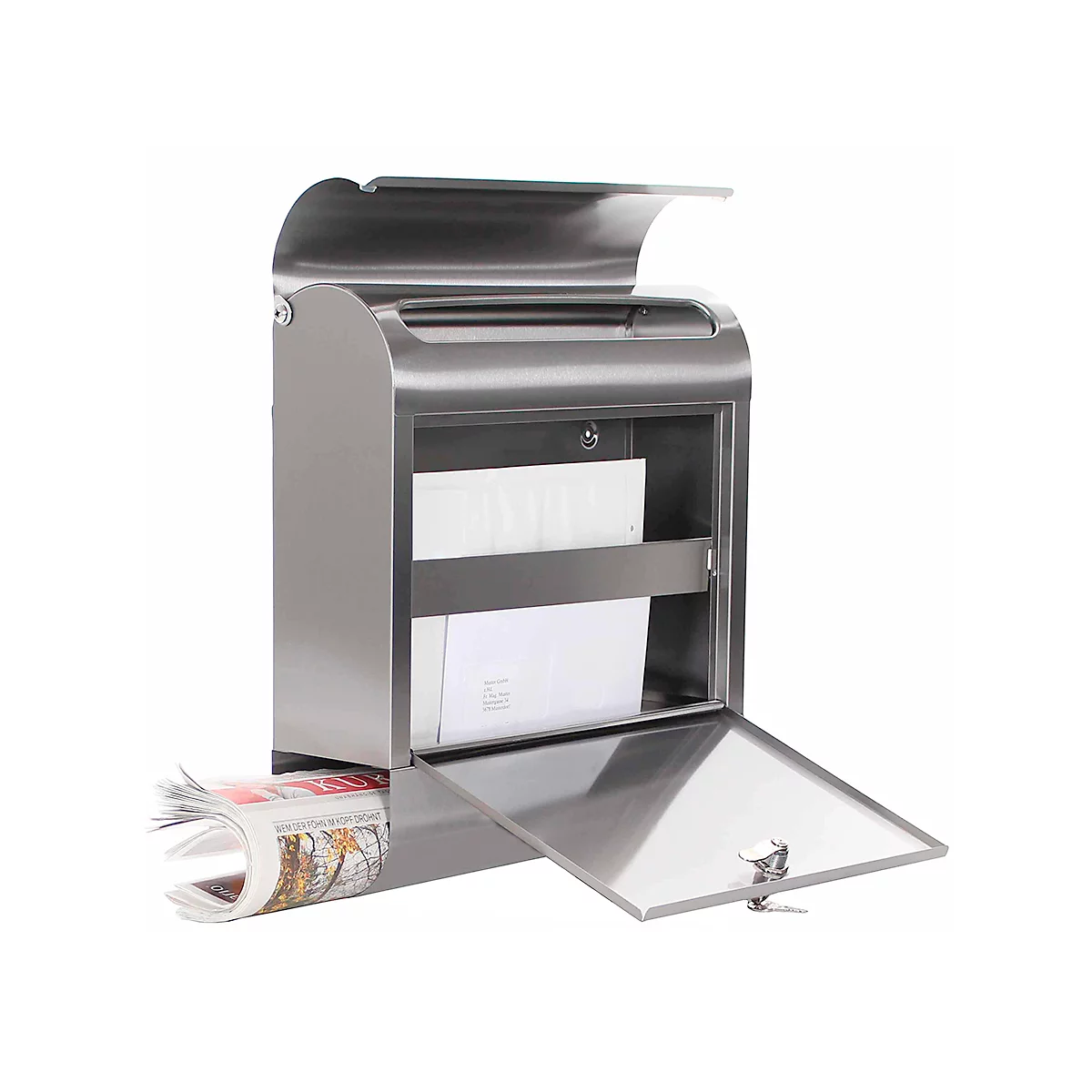Rottner Boîte aux lettres Rondello, montage mural, ronde, rouleau de courrier/barre de support, serrure à cylindre, 2 clés, inox, L 385 x P 140 x H 435 mm
