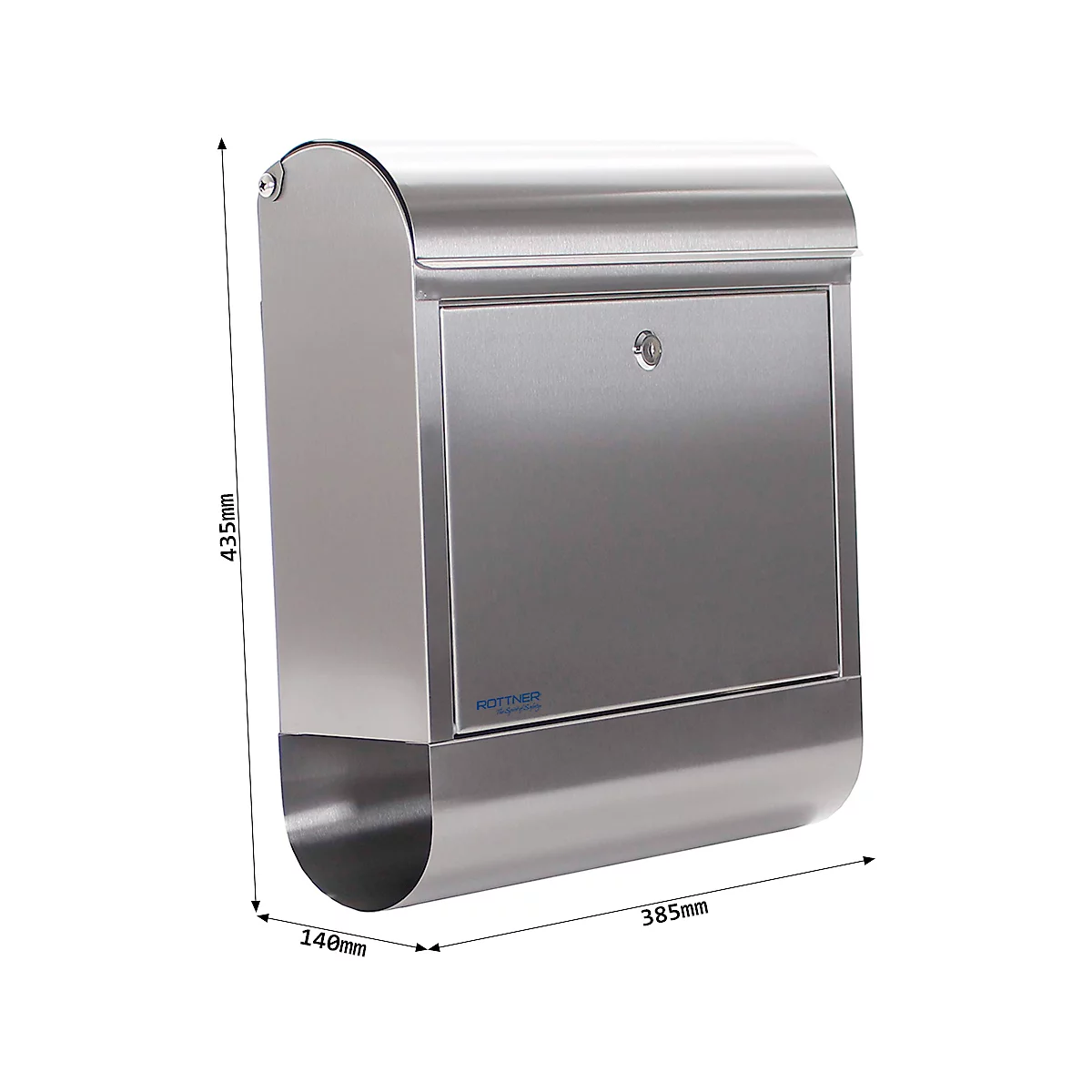 Rottner Boîte aux lettres Rondello, montage mural, ronde, rouleau de courrier/barre de support, serrure à cylindre, 2 clés, inox, L 385 x P 140 x H 435 mm
