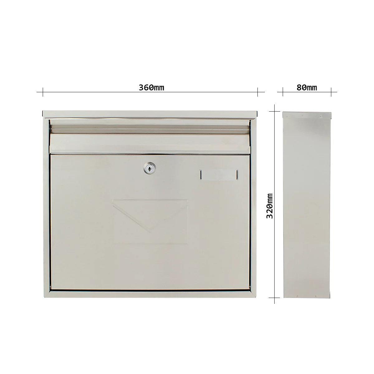 Rottner boîte aux lettres Teramo, montage mural, introduction des deux côtés, verrou nominatif, serrure à cylindre, 2 clés incluses, acier inoxydable, L 360 x P 80 x H 320 mm