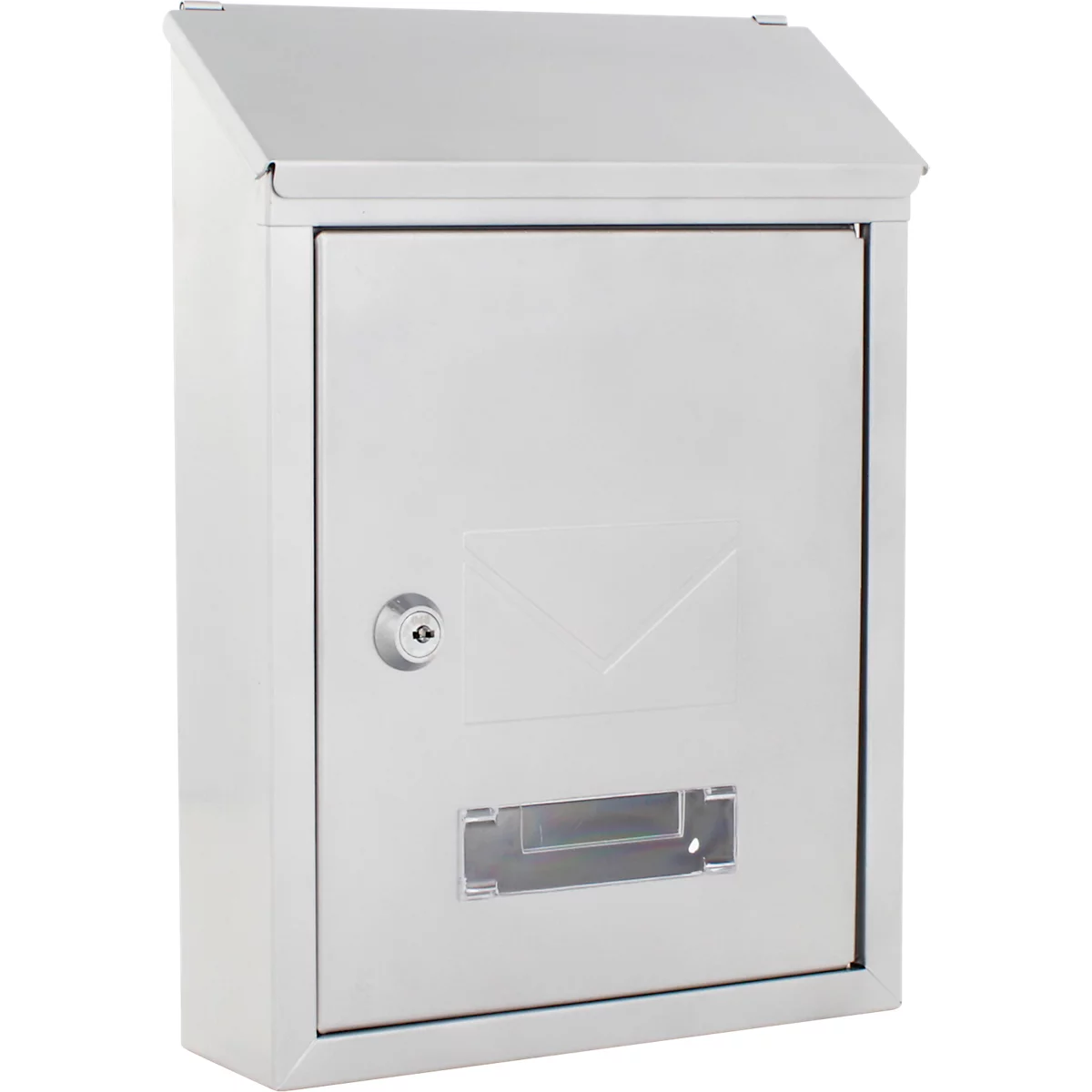 Une boîte aux lettres gris clair avec un toit incliné, une serrure et une fente pour les lettres.