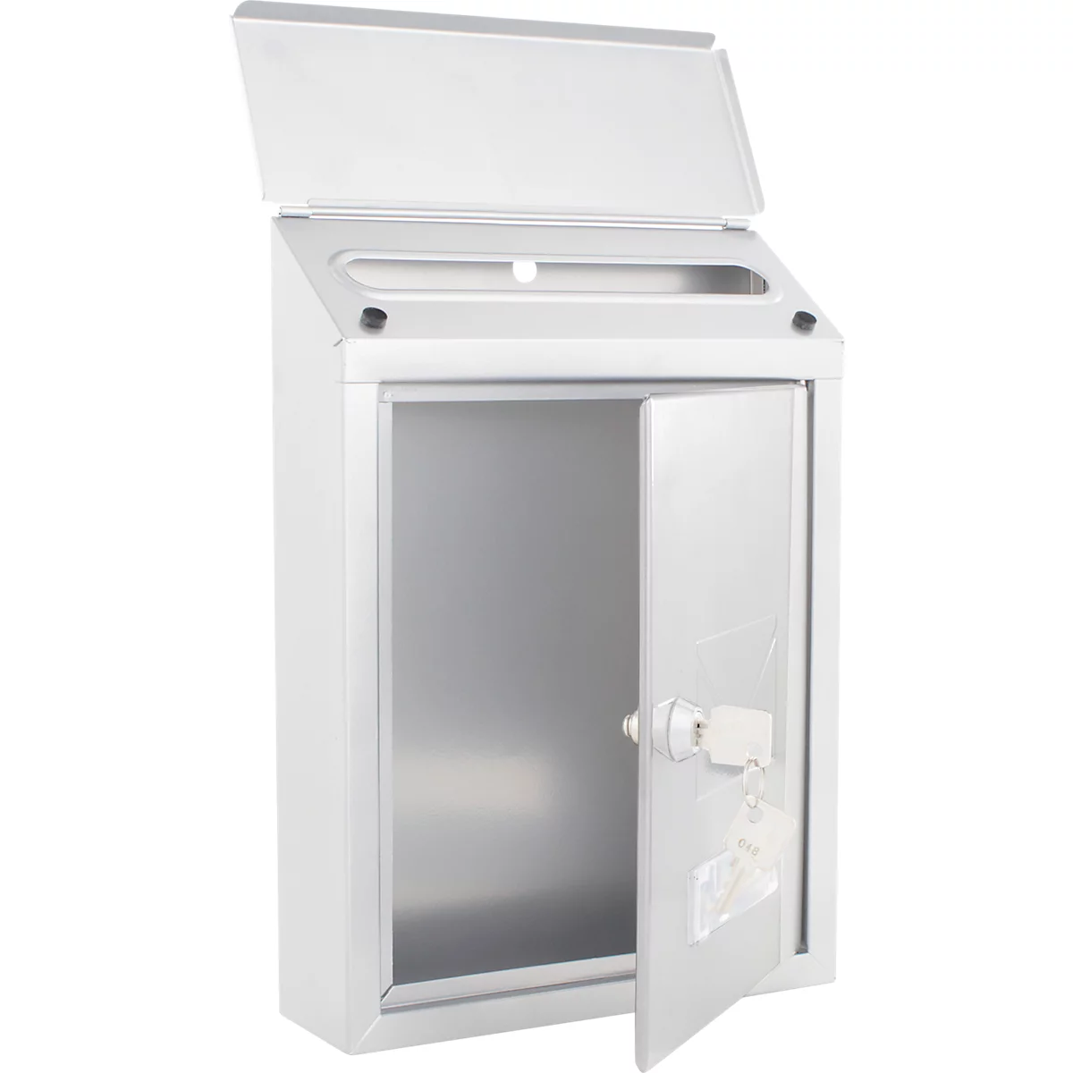 Boîte aux lettres murale blanche avec porte ouverte, clés insérées.