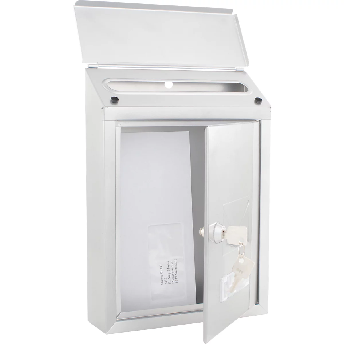 Boîte aux lettres blanche ouverte avec rabat. La boîte aux lettres est sécurisée par une serrure, et une enveloppe est visible à l'intérieur.