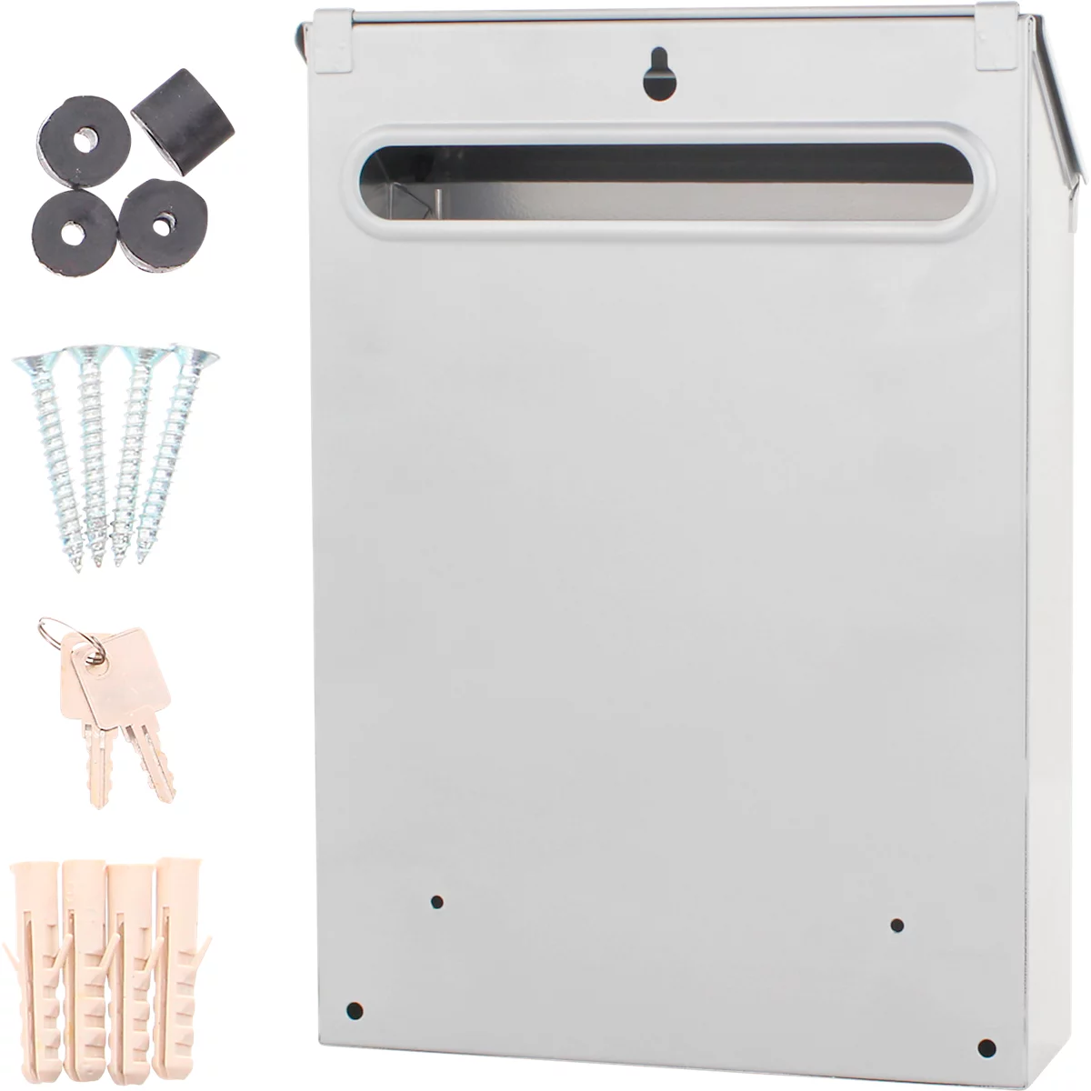 Une boîte aux lettres murale grise avec accessoires (vis, chevilles, joints, clés).