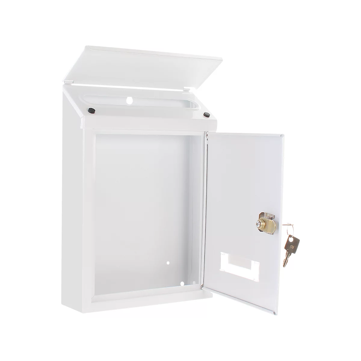 Boîte aux lettres blanche avec couvercle et porte ouverts. Clés dans la serrure.