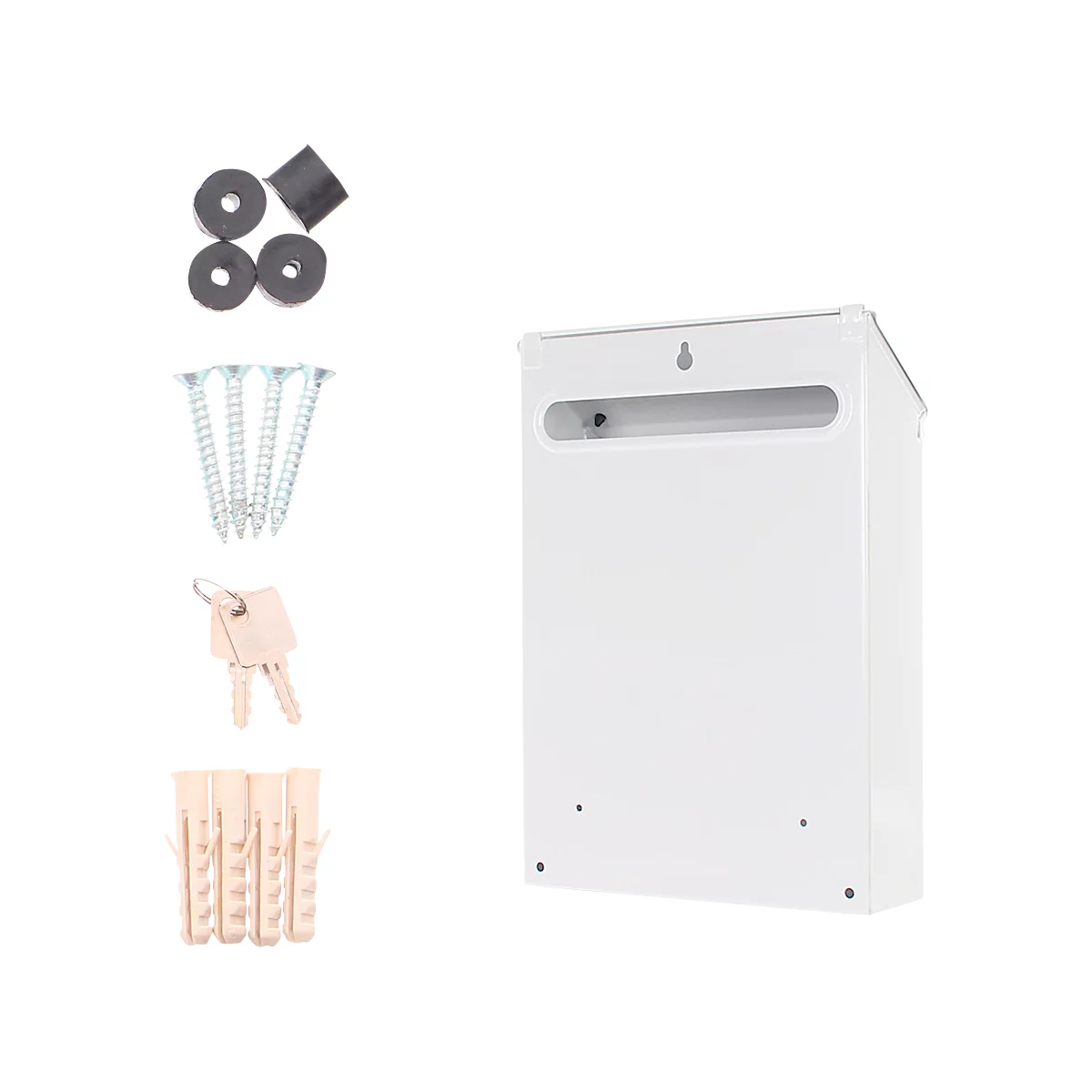 Boîte aux lettres blanche avec accessoires : vis, chevilles, clés, tampons en caoutchouc.
