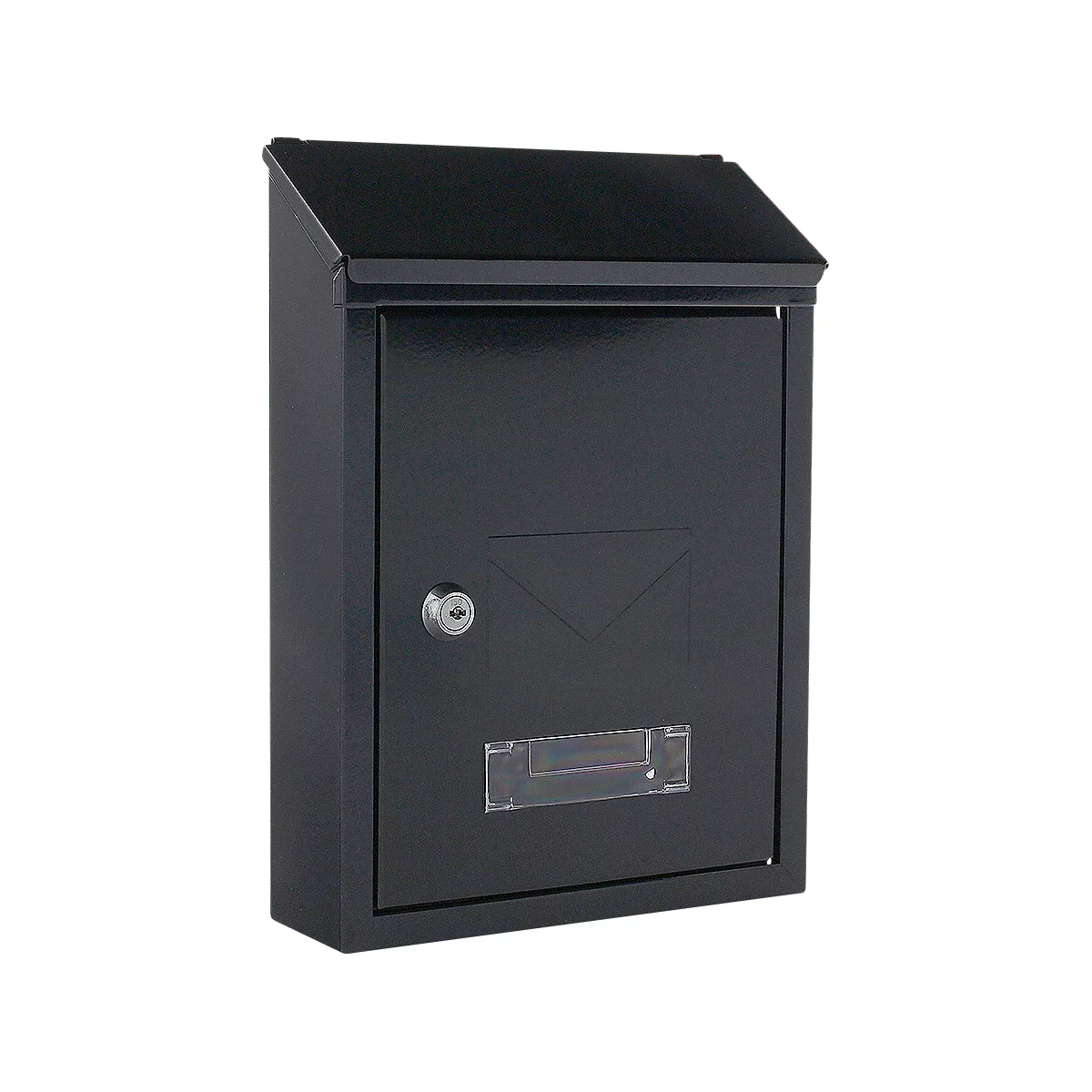 Boîte aux lettres noire avec toit, serrure et fenêtre.