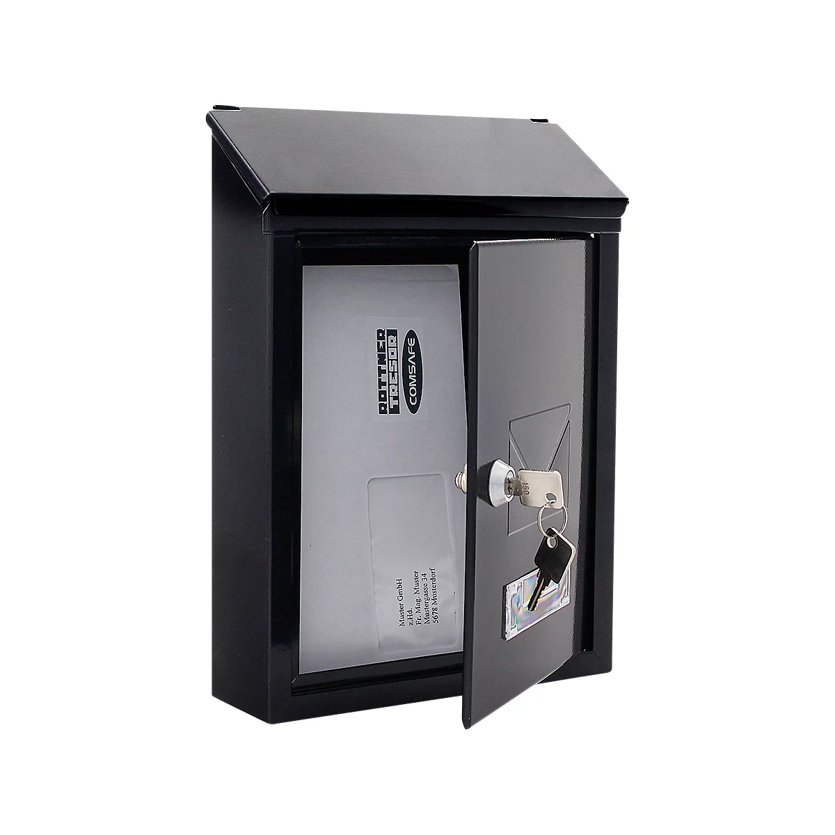 Boîte aux lettres noire avec une porte ouverte, contenant une lettre. Des clés sont dans la serrure.