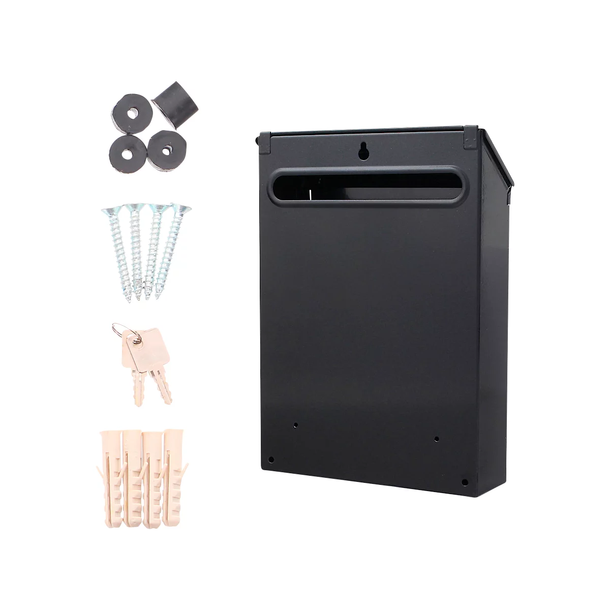 Boîte aux lettres noire avec accessoires tels que vis et chevilles. Accessoires à gauche, boîte à droite.
