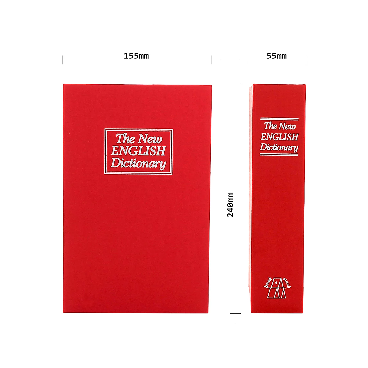 Livre rouge intitulé "The New ENGLISH Dictionary". À côté, une vue de côté avec des indications de taille.