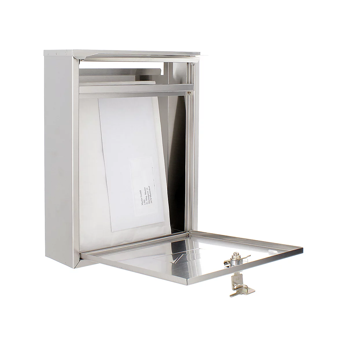 Rottner Briefkasten Como, Wandmontage, beidseitiger Einwurf, Namensschild, Zylinderschloss, inkl. 2 Schlüssel, Edelstahl, B 250 x T 85 x H 320 mm