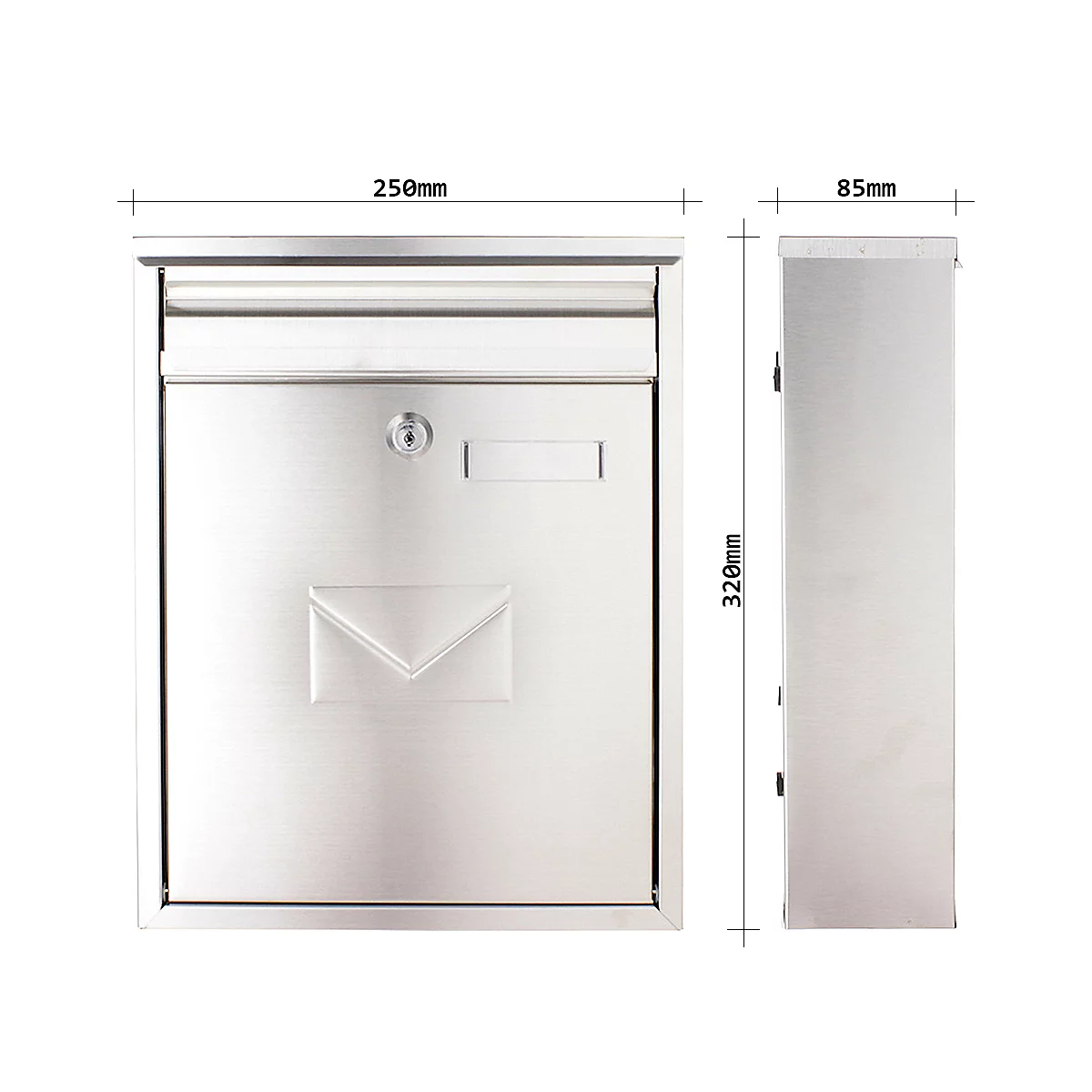 Rottner Briefkasten Como, Wandmontage, beidseitiger Einwurf, Namensschild, Zylinderschloss, inkl. 2 Schlüssel, Edelstahl, B 250 x T 85 x H 320 mm
