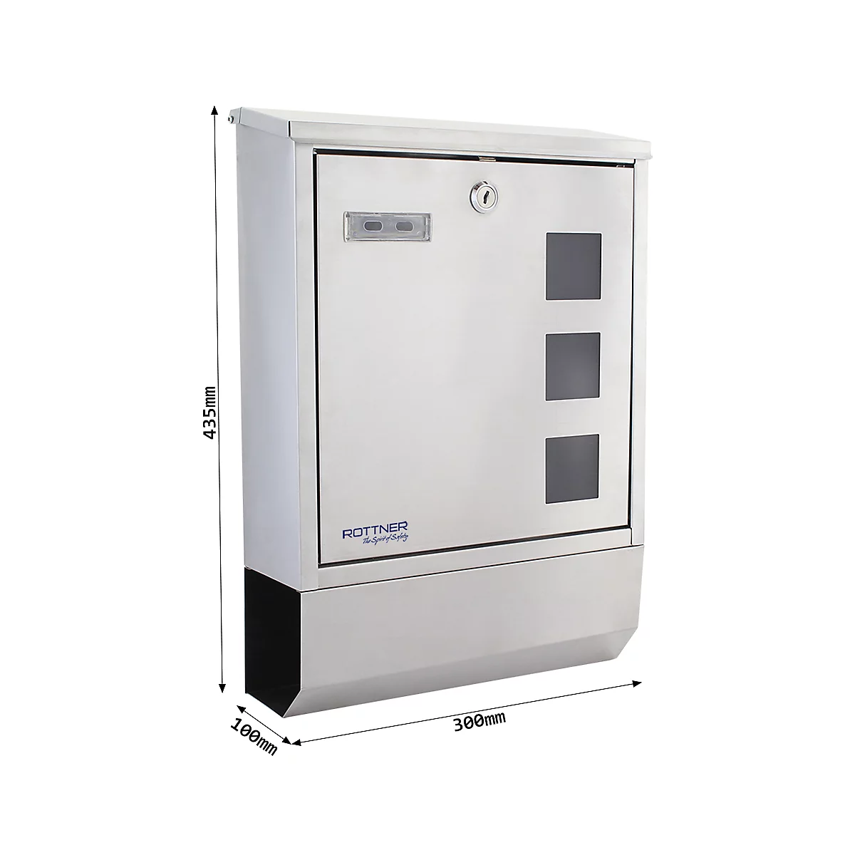 Rottner Briefkasten Corto Inox, Wandmontage, Namensschild/Sichtfenster/Postrolle, Zylinderschloss, 2 Schlüssel, Edelstahl, B 300 x T 100 x H 435 mm