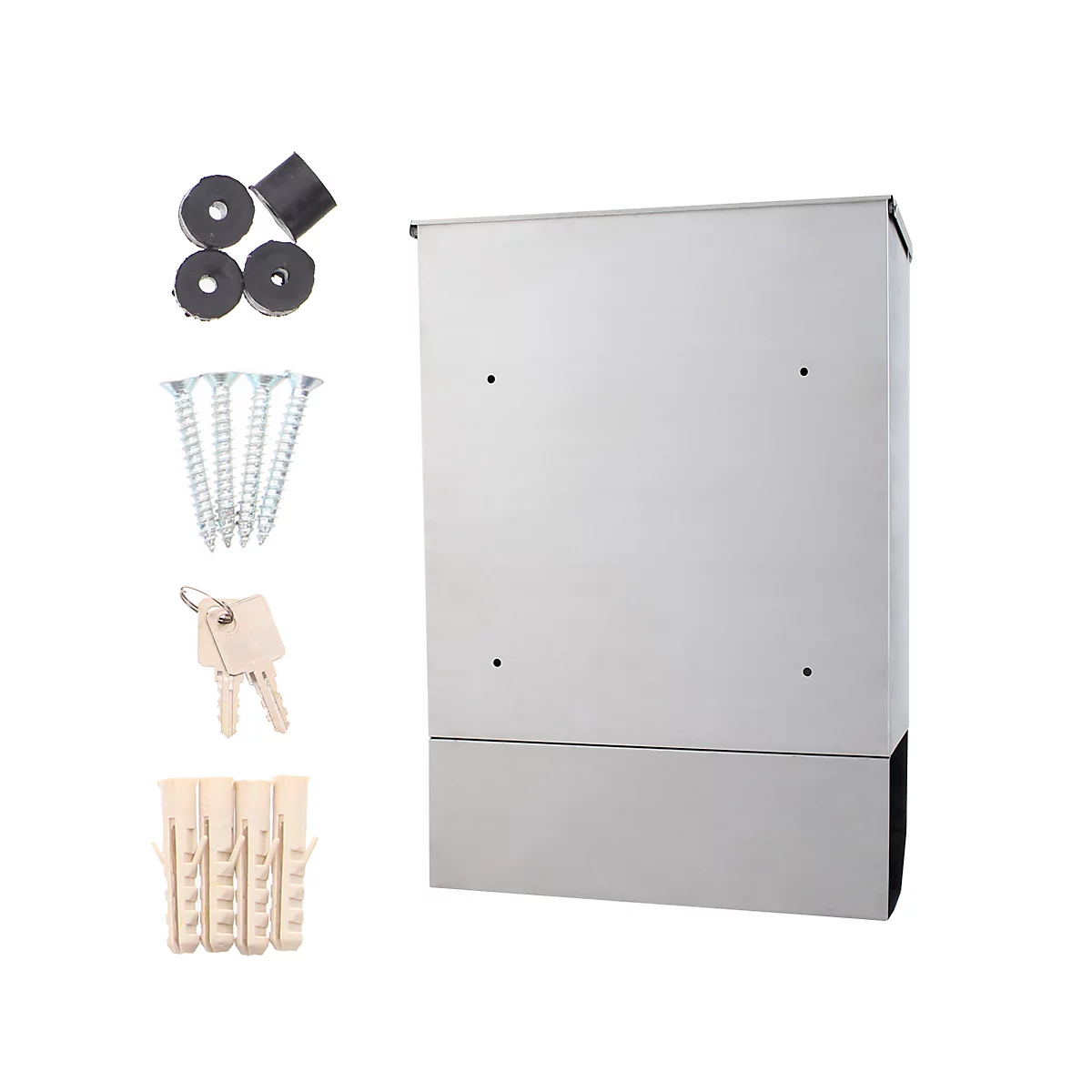 Rottner Briefkasten Corto Inox, Wandmontage, Namensschild/Sichtfenster/Postrolle, Zylinderschloss, 2 Schlüssel, Edelstahl, B 300 x T 100 x H 435 mm