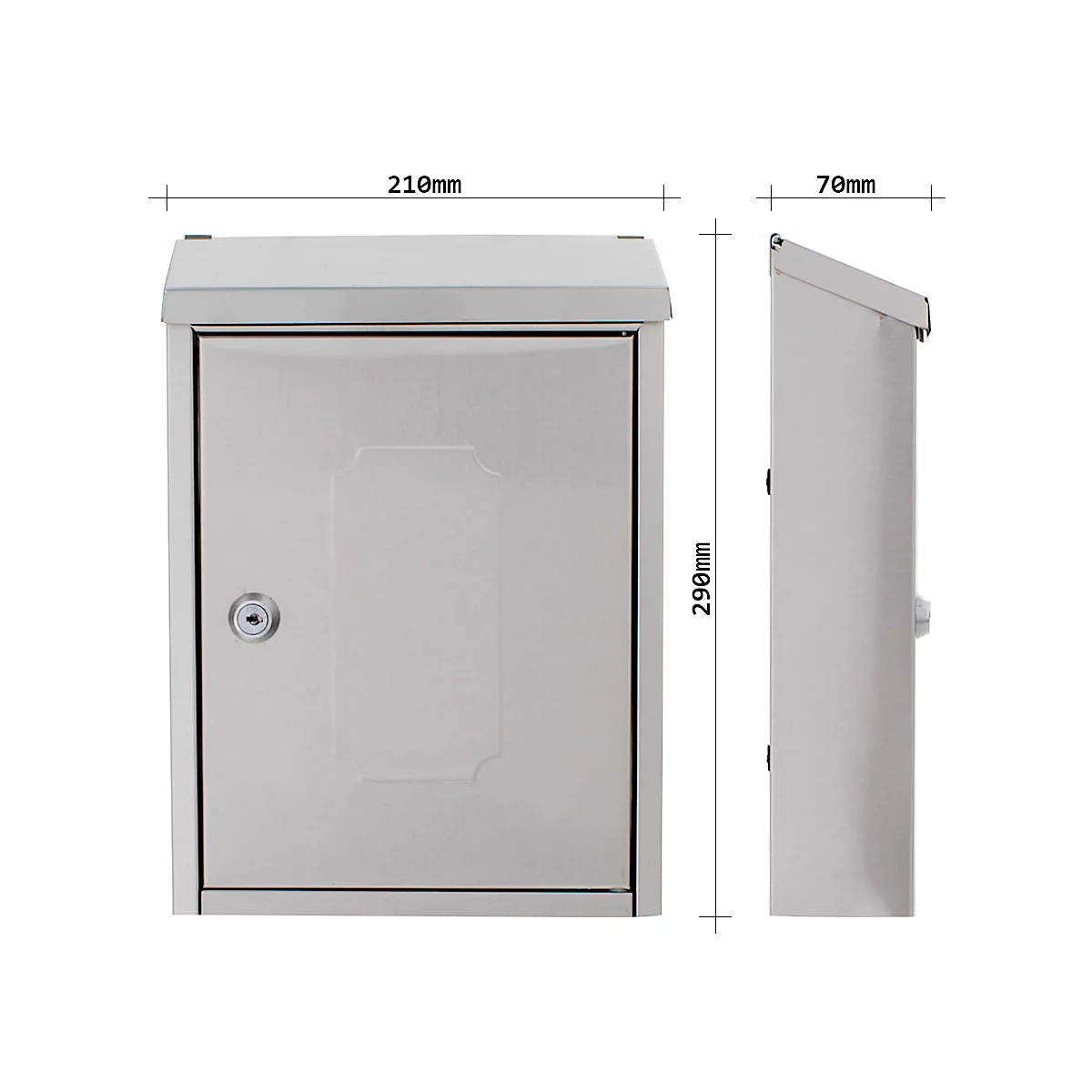 Rottner Briefkasten Ferrara, Wandmontage, Zylinderschloss, 2 Schlüssel, Edelstahl, B 210 x T 70 x H 290 mm