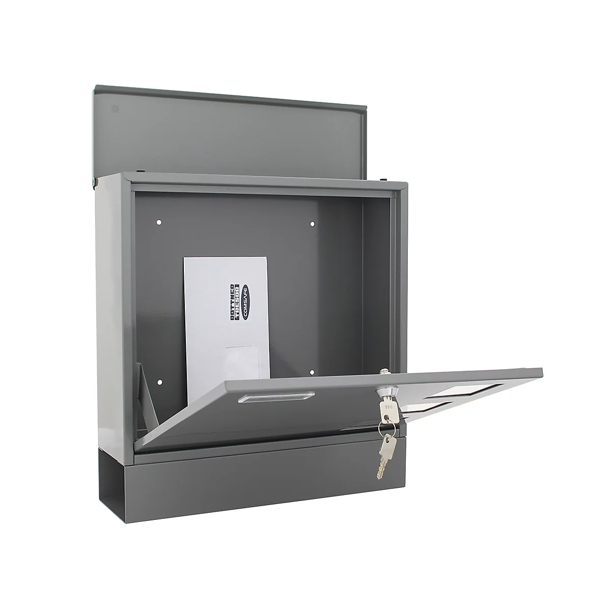 Rottner Briefkasten Postale, Wandmontage, Namensschlid/Postrolle/Sichtfenster, Zylinderschloss, 2 Schlüssel, Stahlblech, B 365 x T 120 x H 380 mm