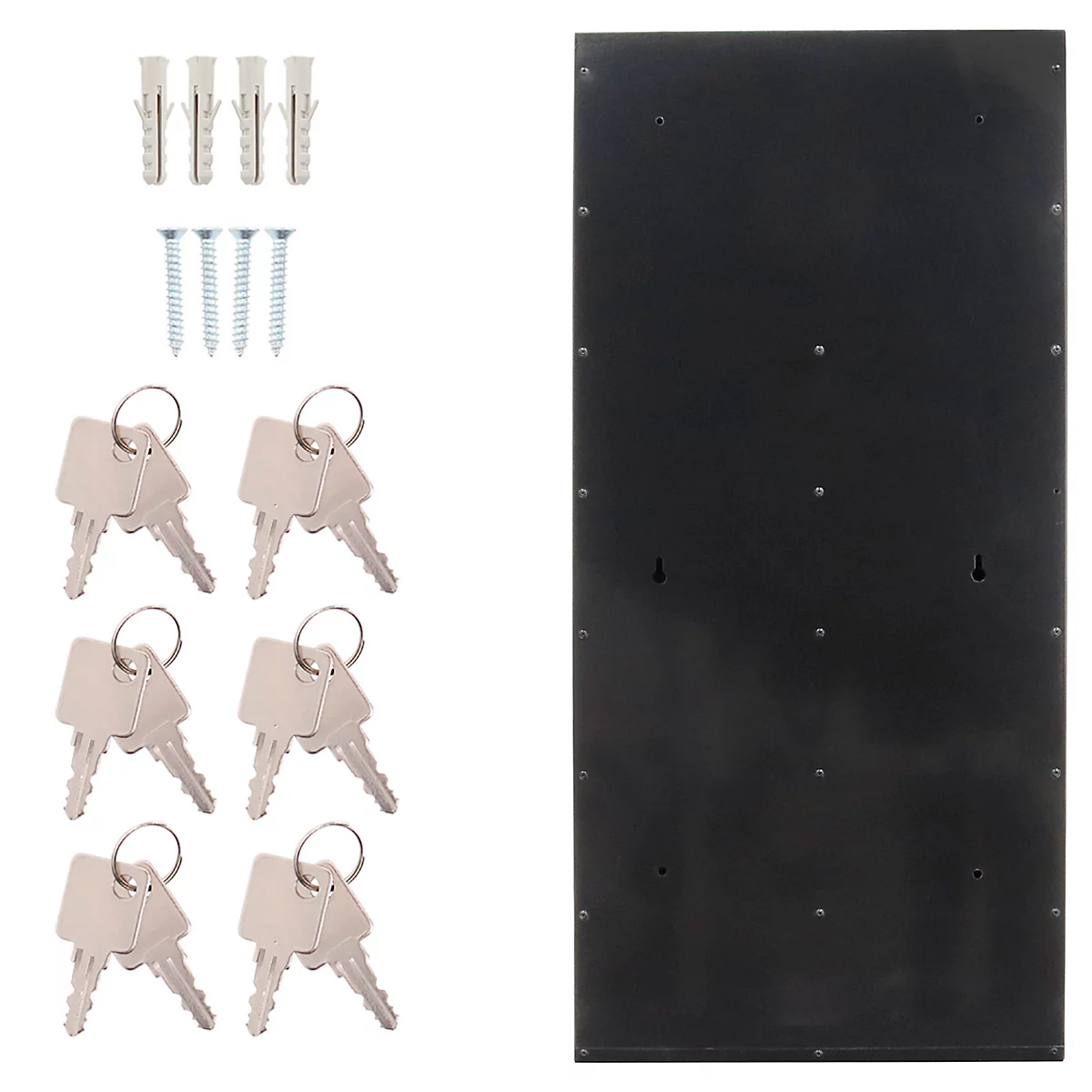 Schwarzer Schlüsselschrank mit Schrauben, Dübeln und Schlüsseln. Der Schrank hat Löcher für Schlüssel und zur Wandmontage.