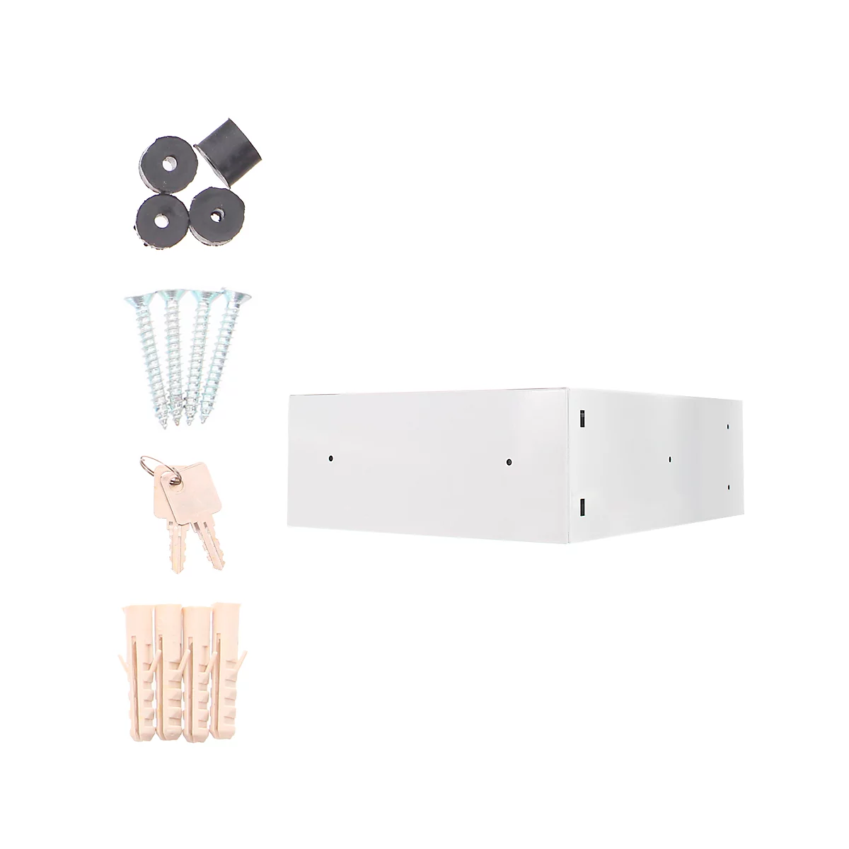 Witte kluis met accessoires: schroeven, pluggen, sleutels, rubberen voetjes.