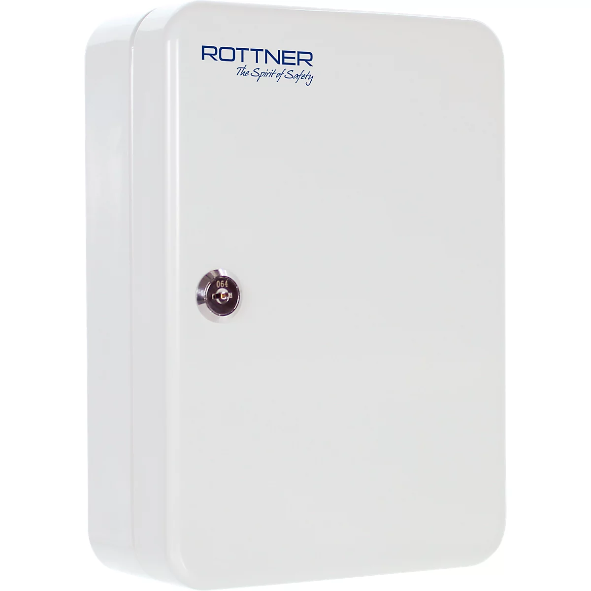 Coffre-fort à clés blanc avec le logo Rottner. Une serrure est visible au milieu.