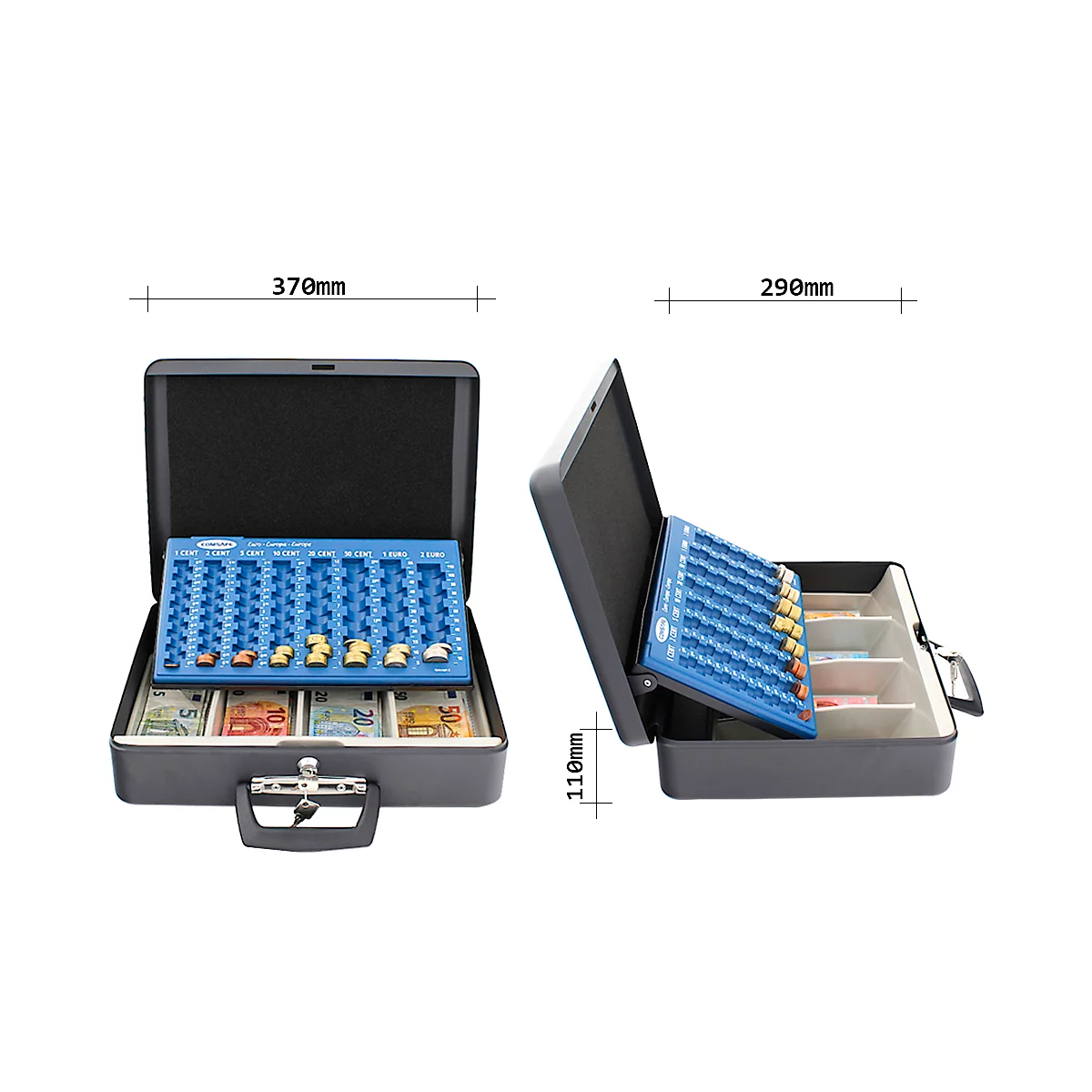 Mallette grise avec insert bleu pour argent factice et billets, à côté les dimensions.