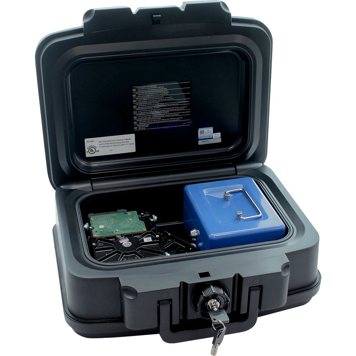 Rottner Cassette anti-feu Fire Data Box 1, 5 l, protection contre le feu jusqu'à 30 min, serrure à cylindre, poignée de transport, L 382 x P 324 x H 165 mm, noir