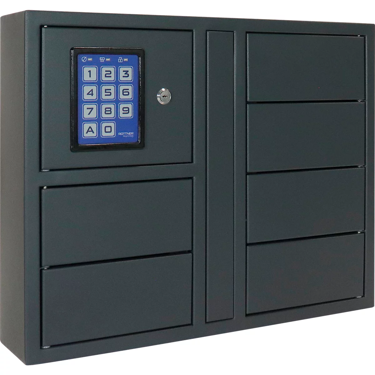 Armoire grise avec clavier numérique, trou de serrure et tiroirs.