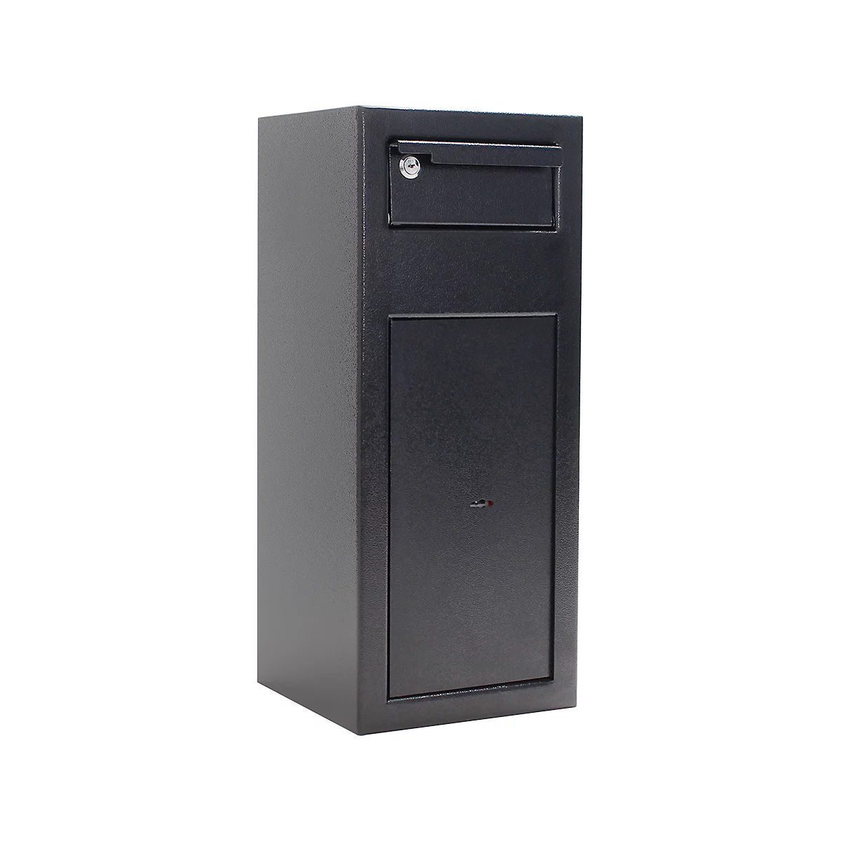 Boîte aux lettres noire avec deux compartiments. En haut, un compartiment avec un trou de serrure, en dessous, une porte avec un petit bouton.