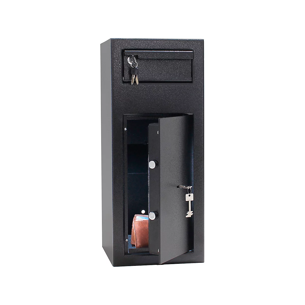 Coffre-fort noir avec compartiment ouvert, clés dans la serrure et un compartiment de rangement supérieur.