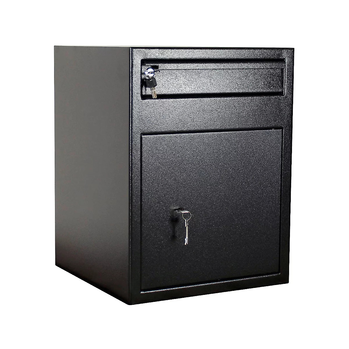 Boîte aux lettres noire avec deux compartiments, chacun avec des clés. La boîte a une surface rugueuse et repose sur un fond blanc.
