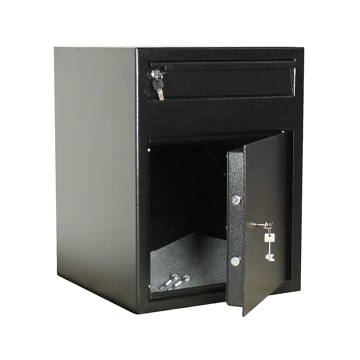 Boîte aux lettres noire avec porte ouverte et clés. Une fente d'entrée en haut, une porte en bas, montrant l'intérieur.