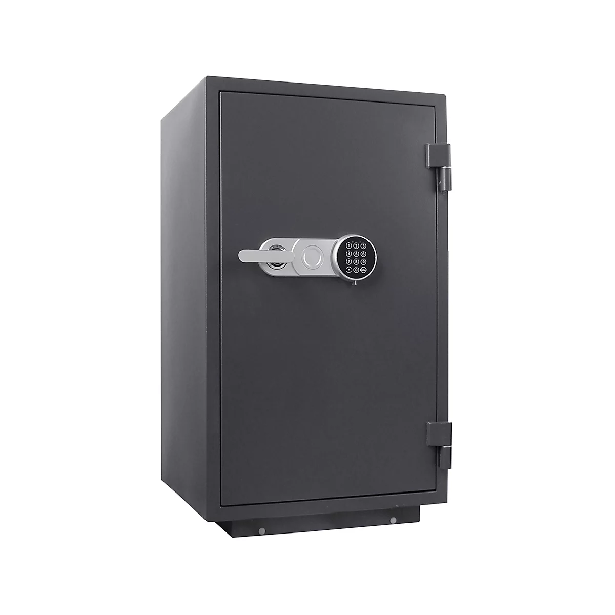 Coffre-fort gris foncé avec serrure à combinaison et poignée, sur fond blanc.