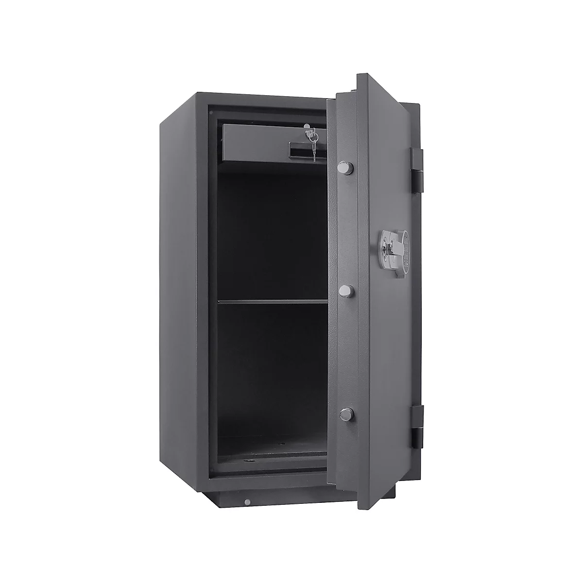 Coffre-fort gris avec porte ouverte. A l'intérieur, un compartiment avec clé, en dessous une étagère.
